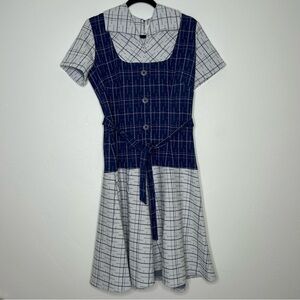 Vintage 1960s Navy and Off White Plaid Midi Dress Drop Waist Tie Belt Size 8